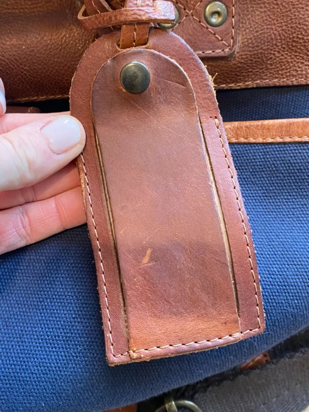 Huckberry Will Leather Good Traveler Duffle Navy Tan With Strap and Luggage Tag